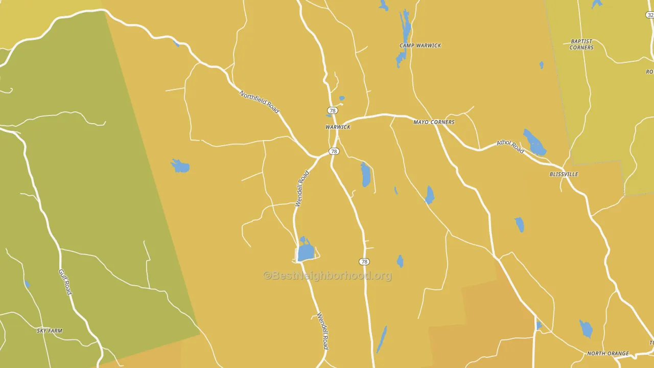 Map of the best neighborhoods in the Warwick area, with better matches in green and worse matches in red
