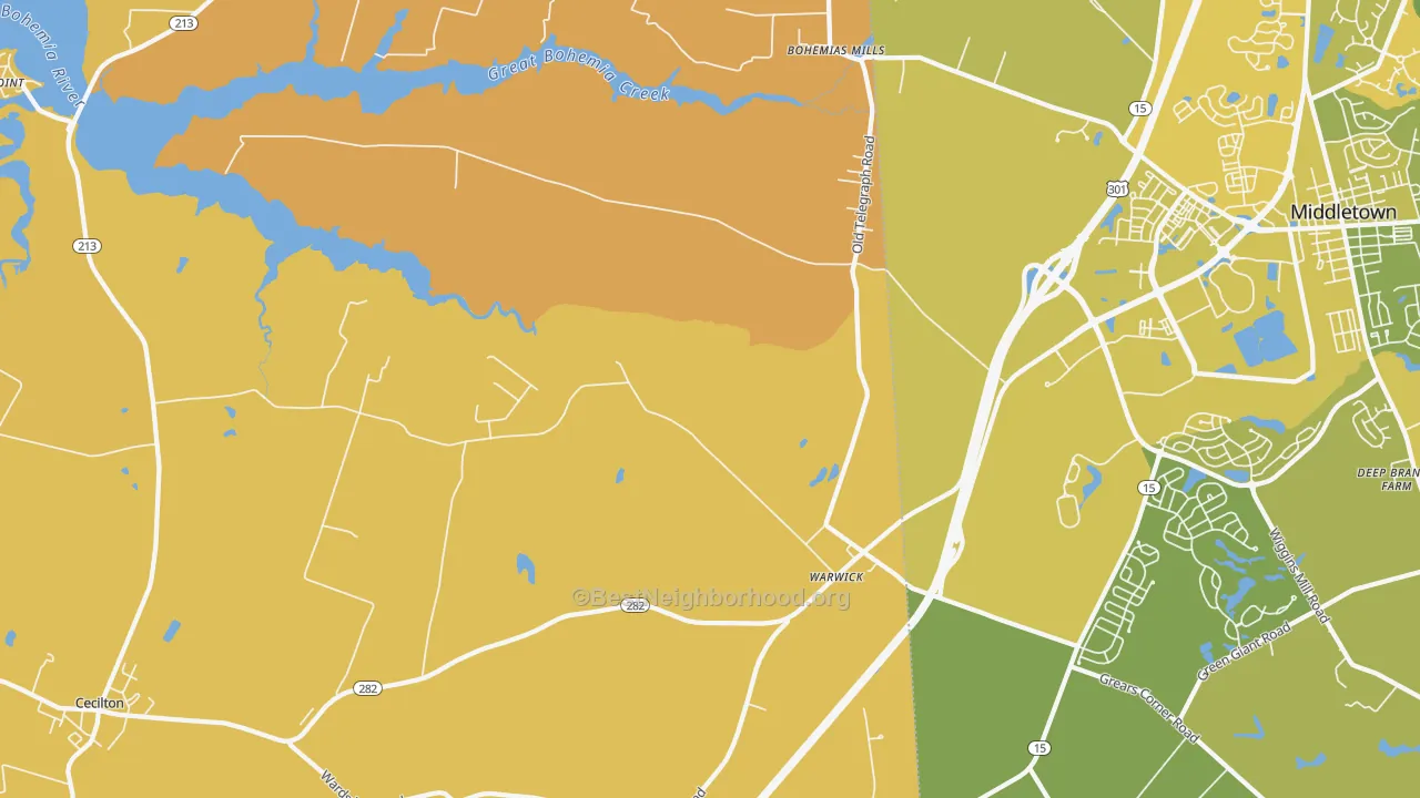 Map of the best neighborhoods in the Warwick area, with better matches in green and worse matches in red