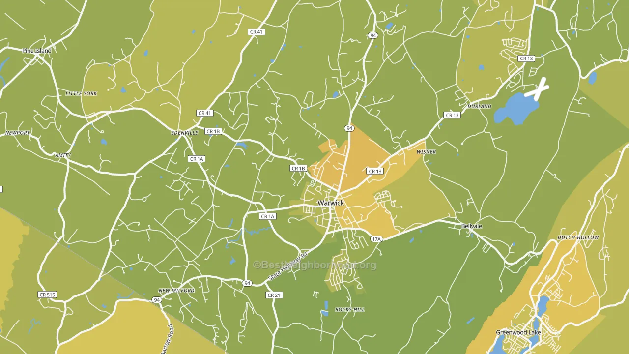 Map of the best neighborhoods in the Warwick area, with better matches in green and worse matches in red