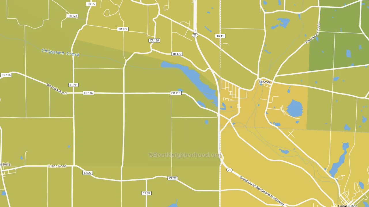 Map of the best neighborhoods in the Warwick area, with better matches in green and worse matches in red