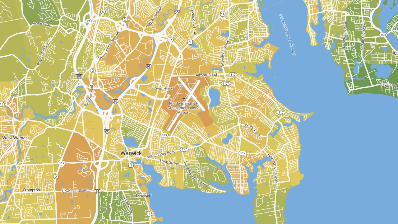 Map of the best neighborhoods in the Warwick area, with better matches in green and worse matches in red