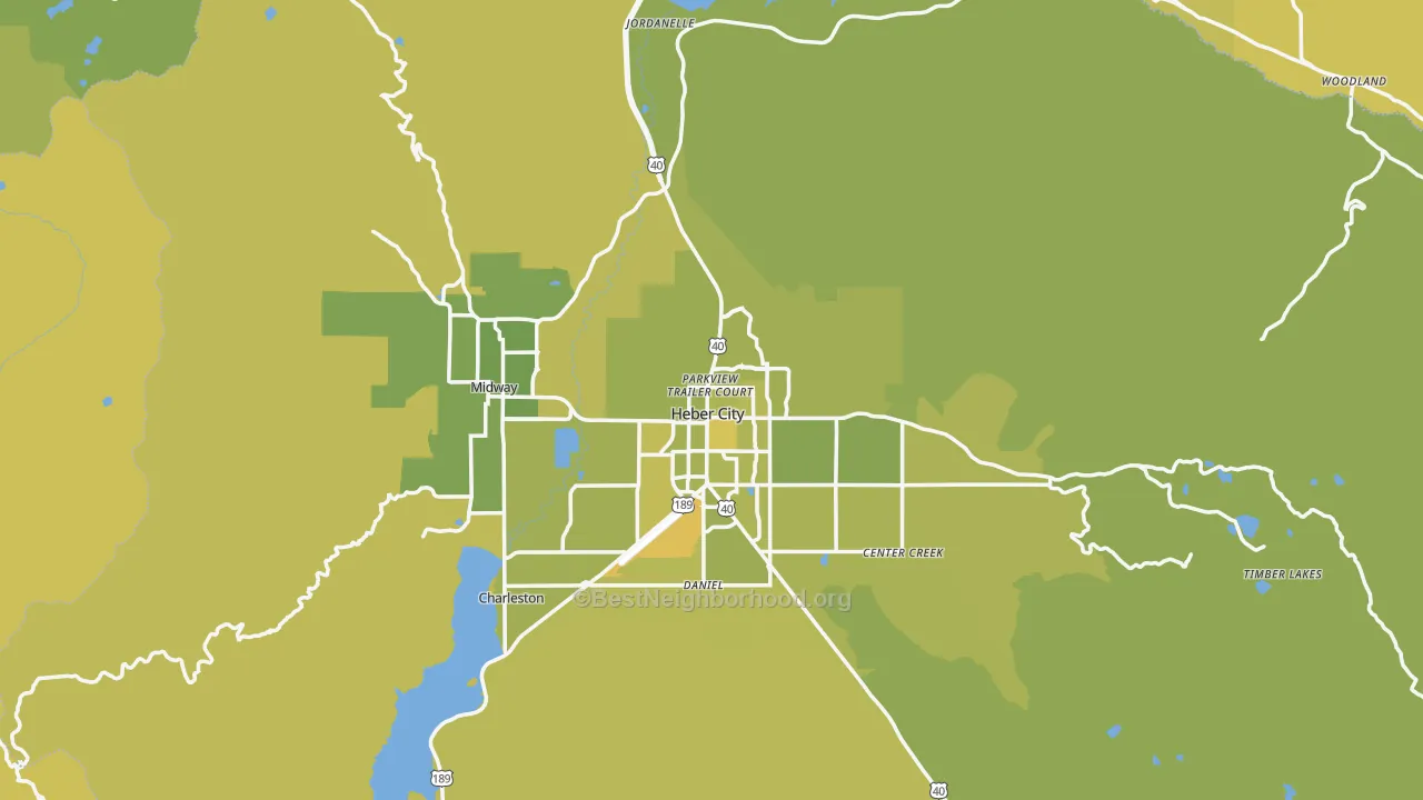 Map of the best neighborhoods in the Wasatch County area, with better matches in green and worse matches in red