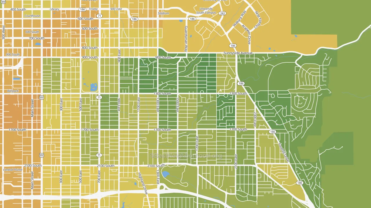 Map of the best neighborhoods in the Wasatch Hollow, Salt Lake City area, with better matches in green and worse matches in red