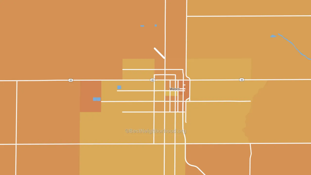 Map of the best neighborhoods in the Wasco area, with better matches in green and worse matches in red