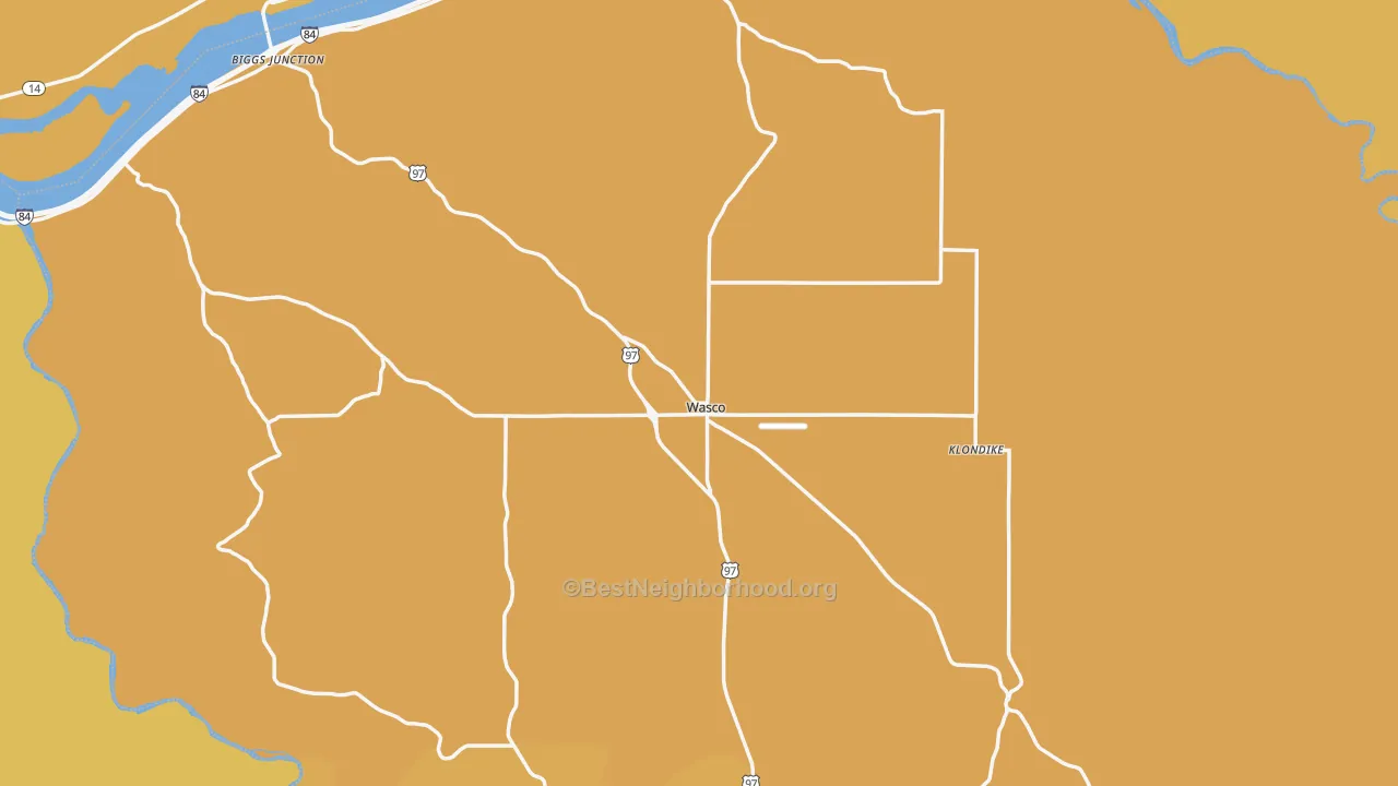 Map of the best neighborhoods in the Wasco area, with better matches in green and worse matches in red