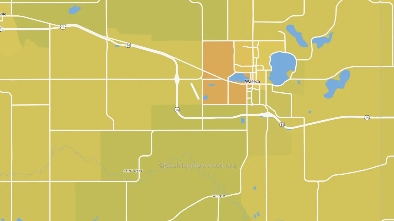 Map of the best neighborhoods in the Waseca County area, with better matches in green and worse matches in red