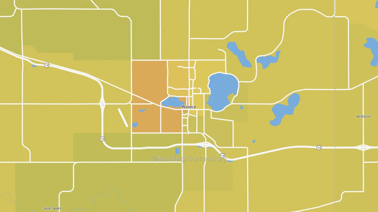 Map of the best neighborhoods in the Waseca area, with better matches in green and worse matches in red