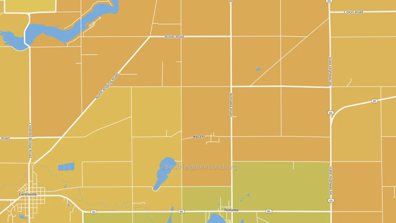 Map of the best neighborhoods in the Wasepi area, with better matches in green and worse matches in red