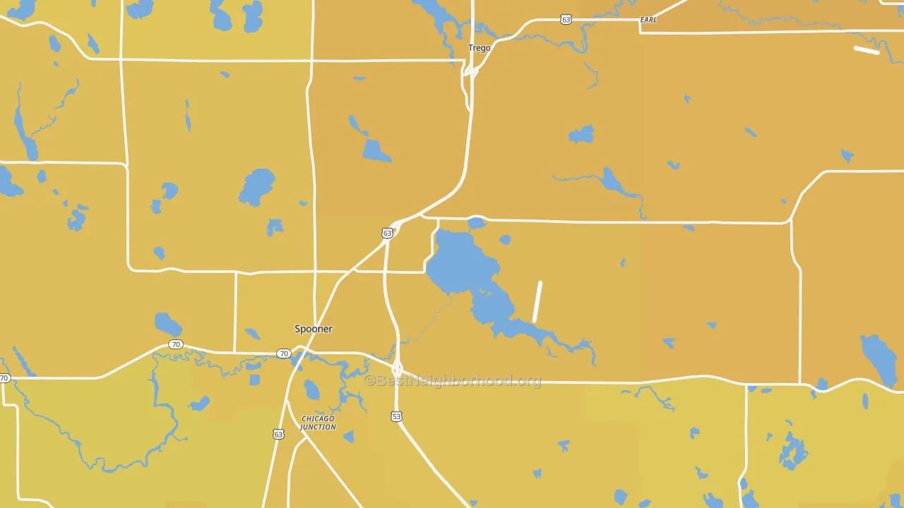 Map of the best neighborhoods in the Washburn County area, with better matches in green and worse matches in red
