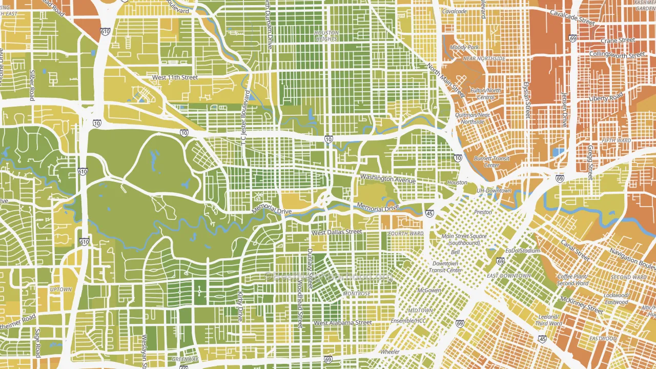 Map of the best neighborhoods in the Washington Avenue-Memorial Park, Houston area, with better matches in green and worse matches in red