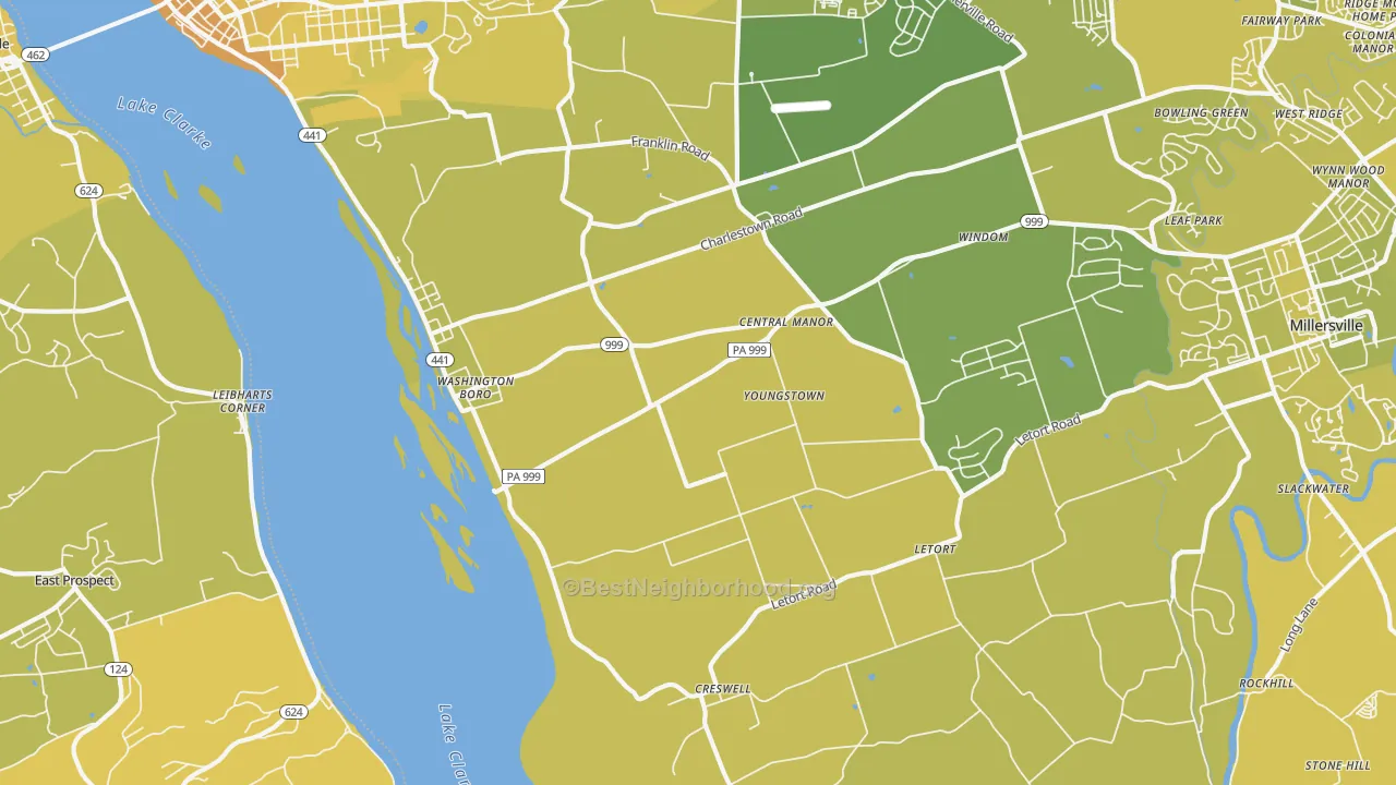 Map of the best neighborhoods in the Washington Boro area, with better matches in green and worse matches in red