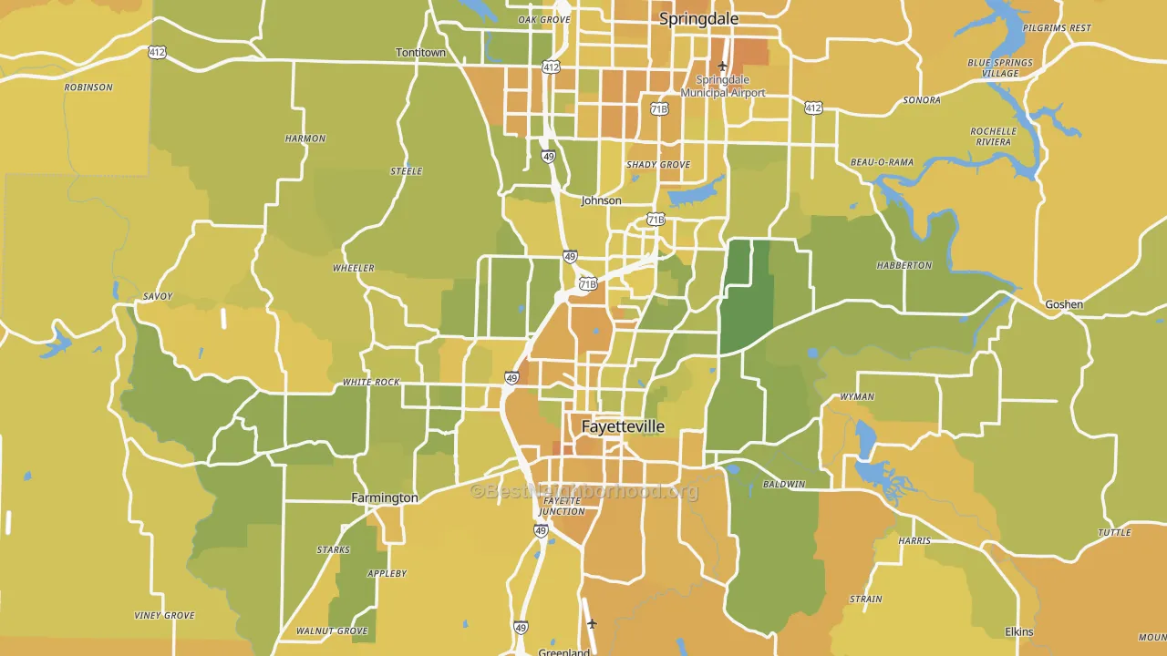 Map of the best neighborhoods in the Washington County area, with better matches in green and worse matches in red