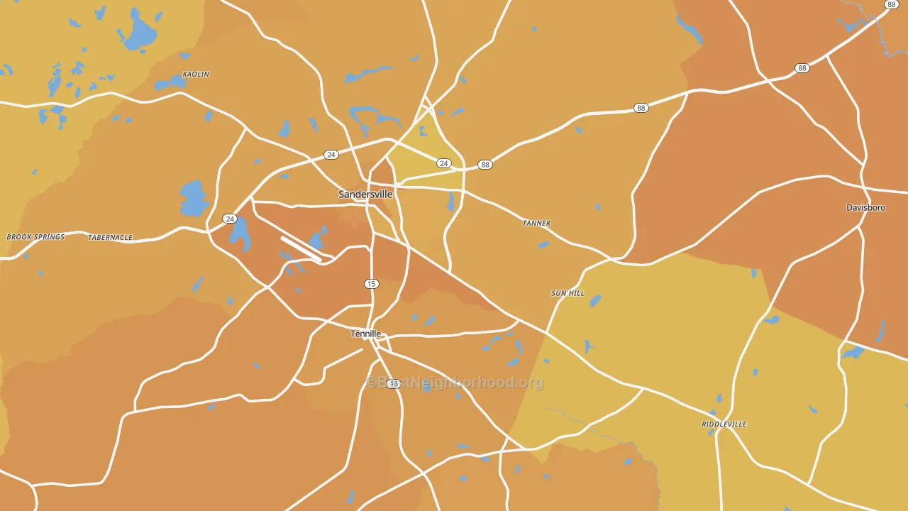 Map of the best neighborhoods in the Washington County area, with better matches in green and worse matches in red