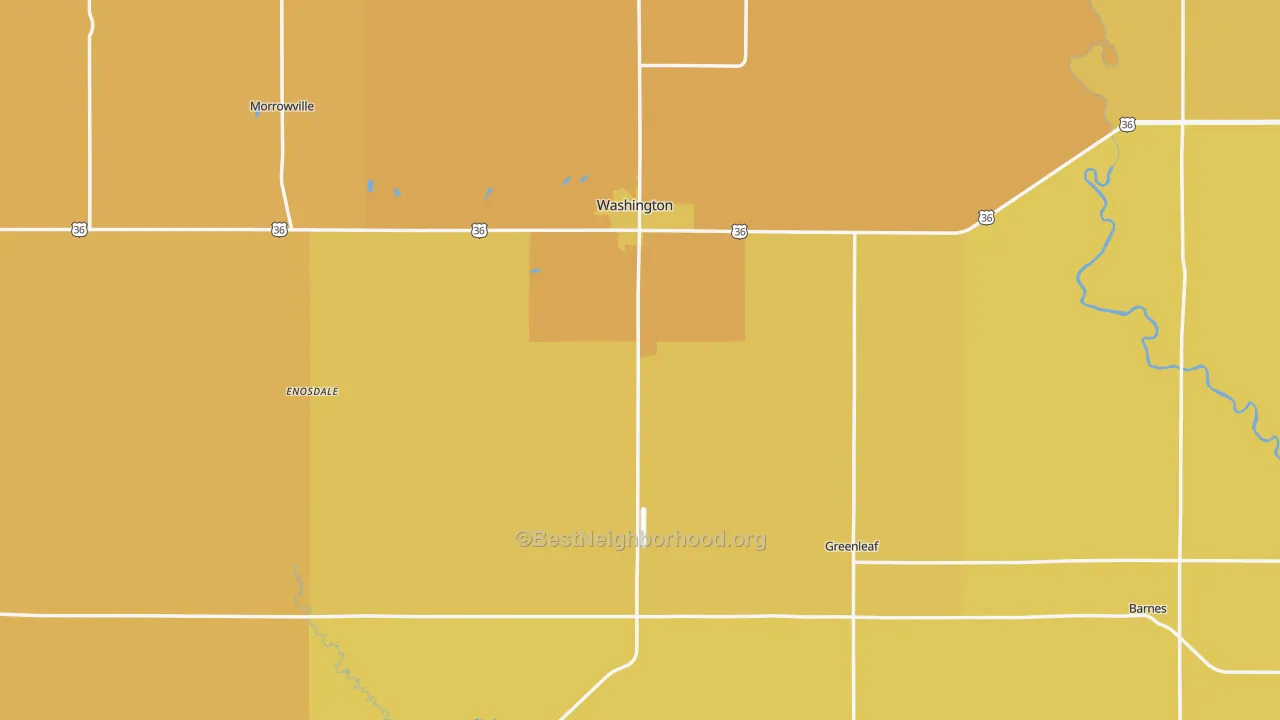 Map of the best neighborhoods in the Washington County area, with better matches in green and worse matches in red