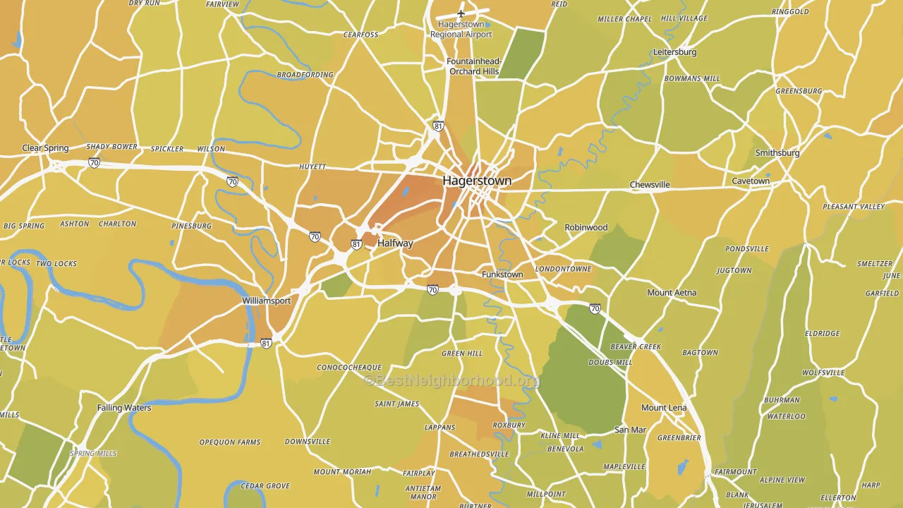 Map of the best neighborhoods in the Washington County area, with better matches in green and worse matches in red