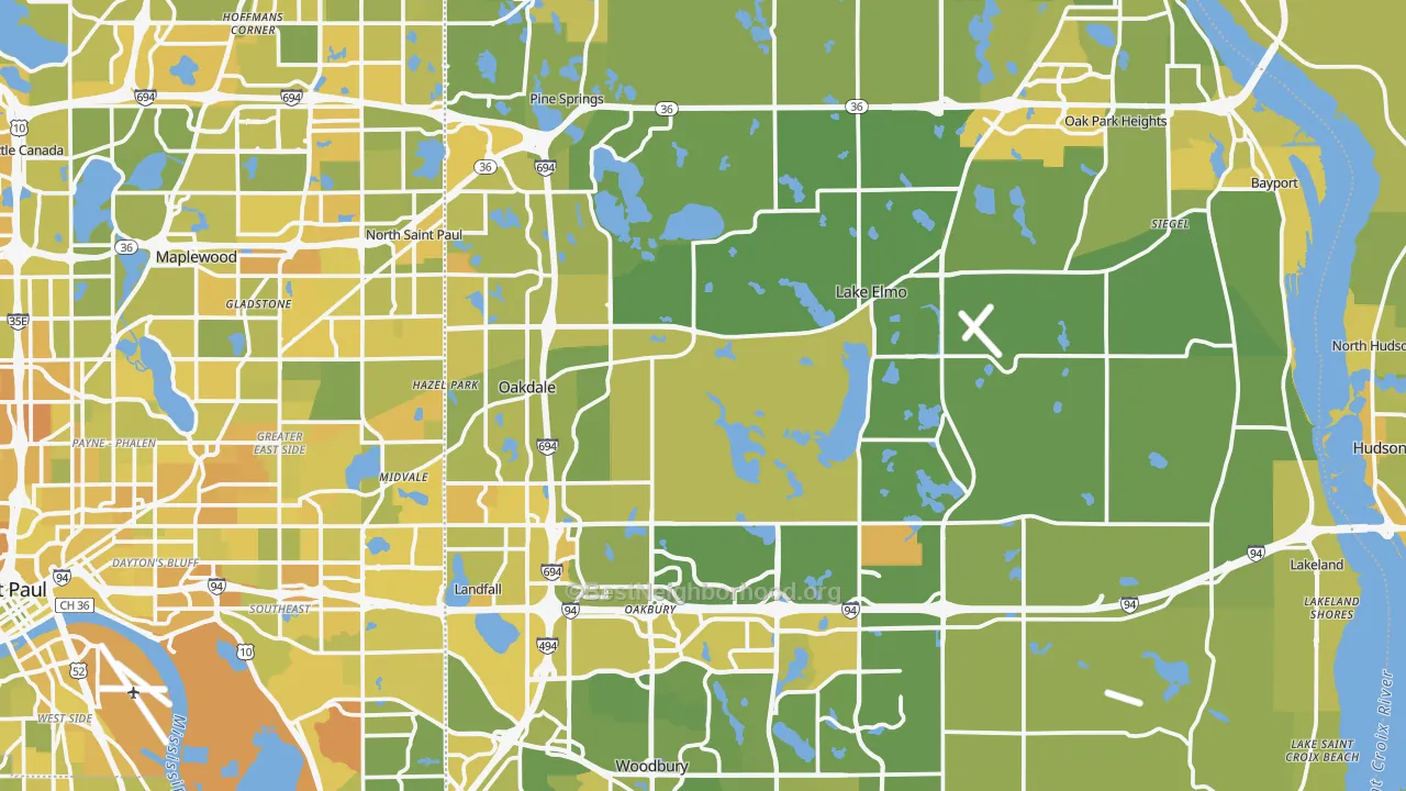Map of the best neighborhoods in the Washington County area, with better matches in green and worse matches in red