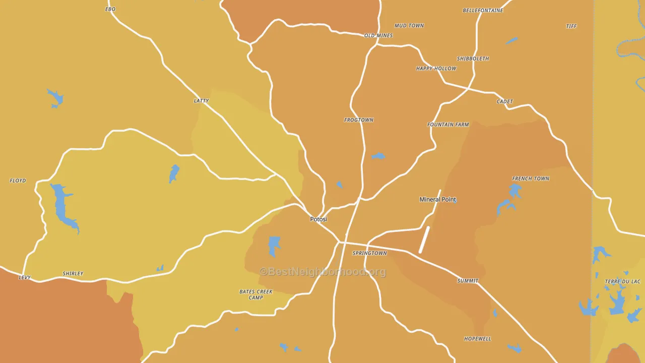 Map of the best neighborhoods in the Washington County area, with better matches in green and worse matches in red