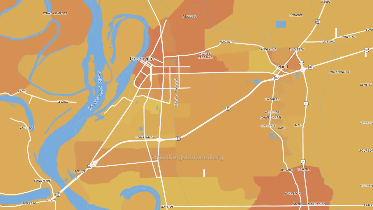 Map of the best neighborhoods in the Washington County area, with better matches in green and worse matches in red
