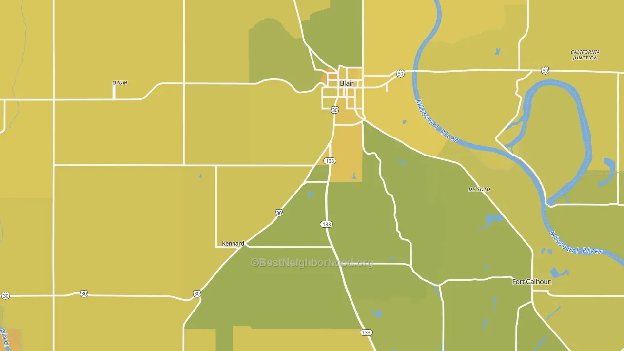 Map of the best neighborhoods in the Washington County area, with better matches in green and worse matches in red