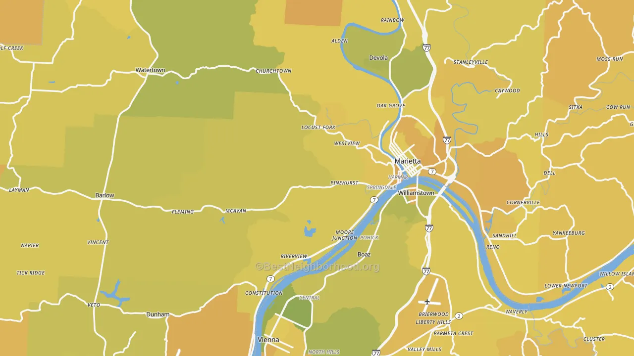 Map of the best neighborhoods in the Washington County area, with better matches in green and worse matches in red