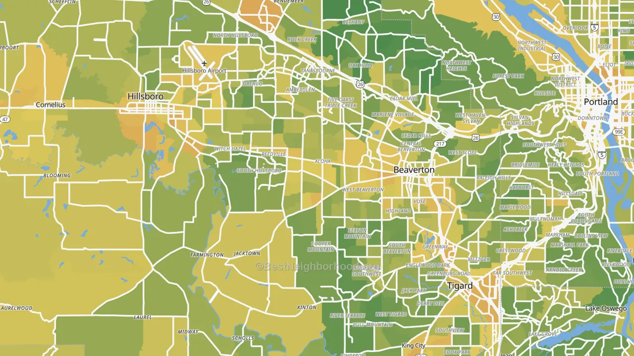 Map of the best neighborhoods in the Washington County area, with better matches in green and worse matches in red
