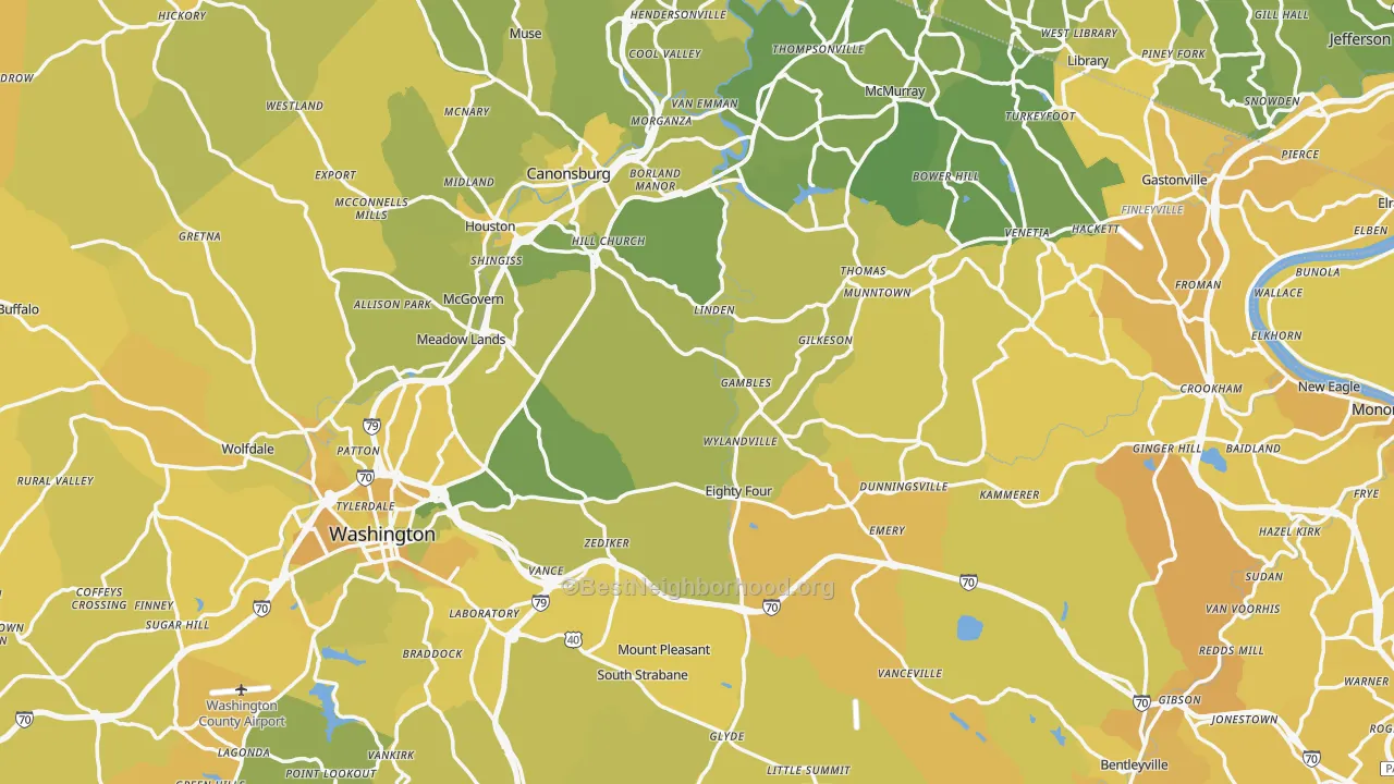 Map of the best neighborhoods in the Washington County area, with better matches in green and worse matches in red