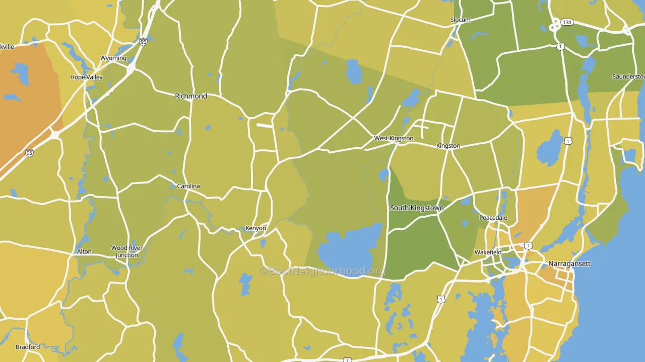 Map of the best neighborhoods in the Washington County area, with better matches in green and worse matches in red