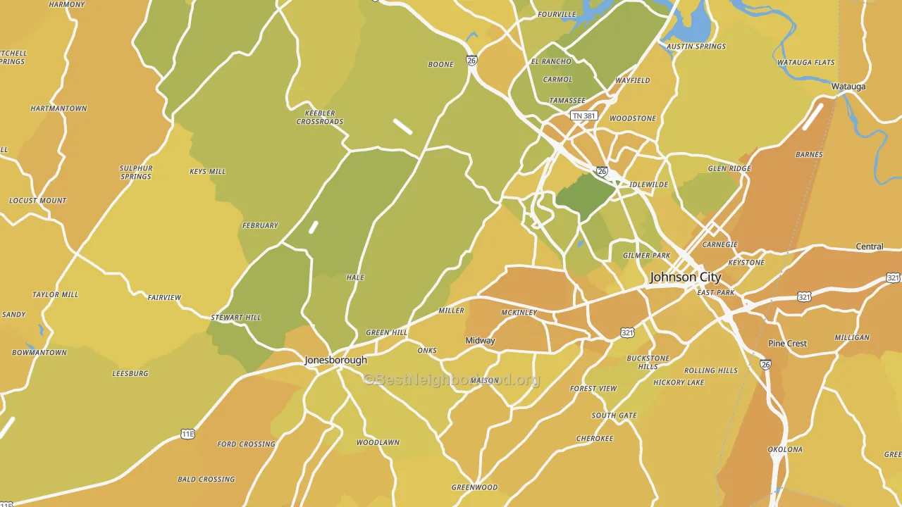 Map of the best neighborhoods in the Washington County area, with better matches in green and worse matches in red