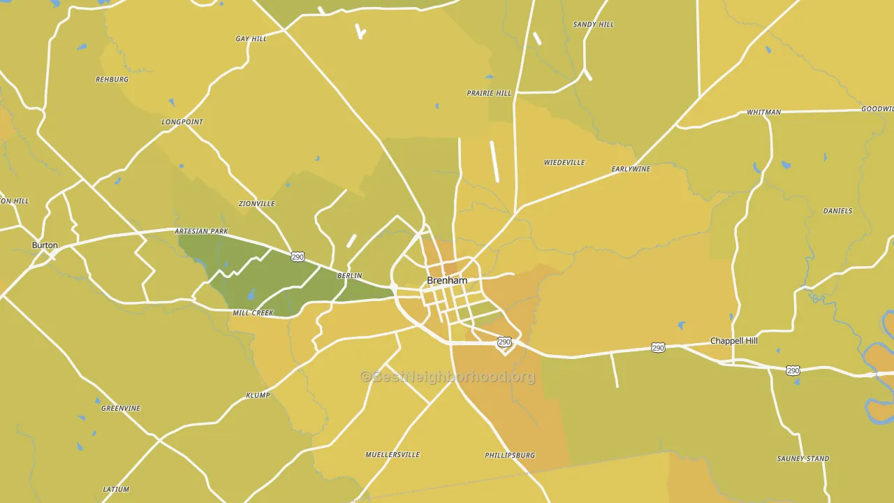 Map of the best neighborhoods in the Washington County area, with better matches in green and worse matches in red