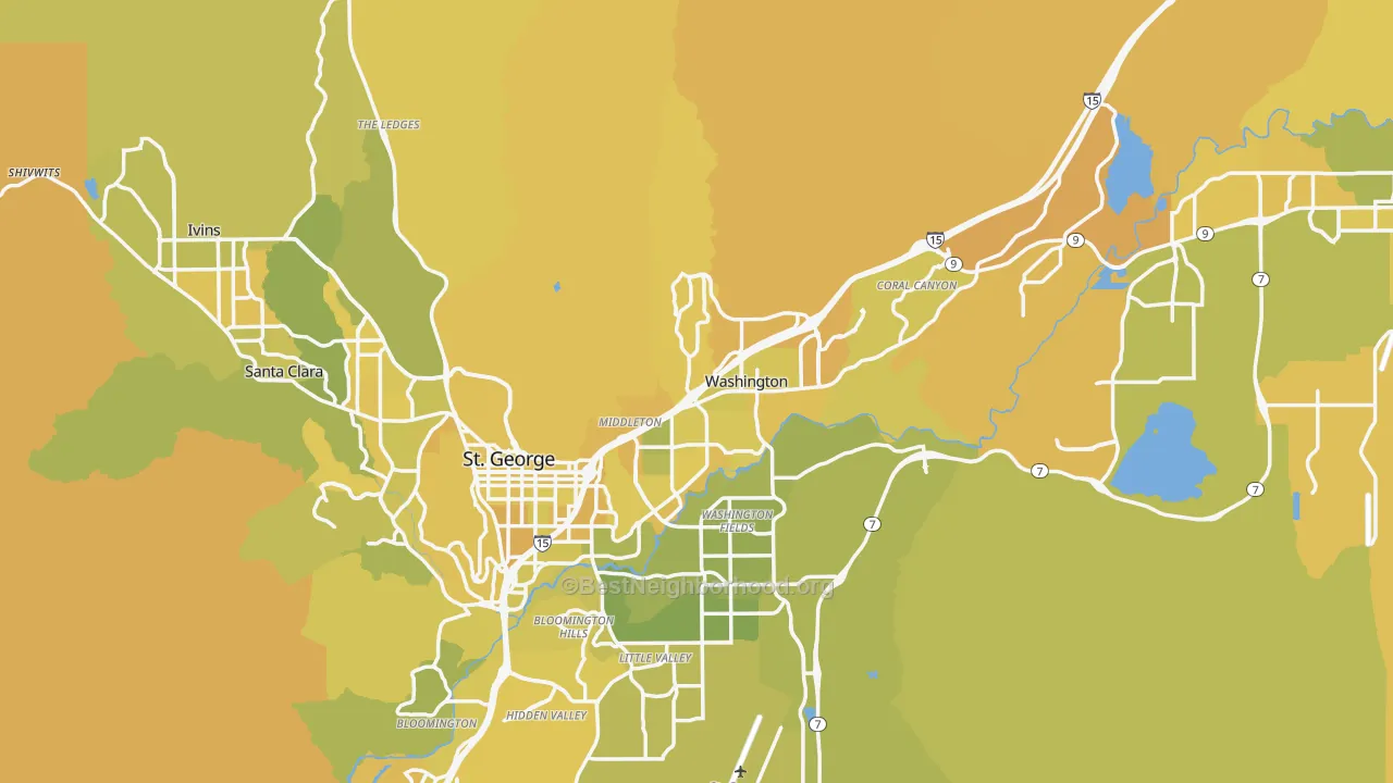 Map of the best neighborhoods in the Washington County area, with better matches in green and worse matches in red