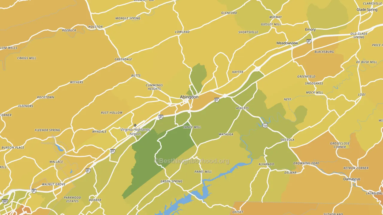 Map of the best neighborhoods in the Washington County area, with better matches in green and worse matches in red