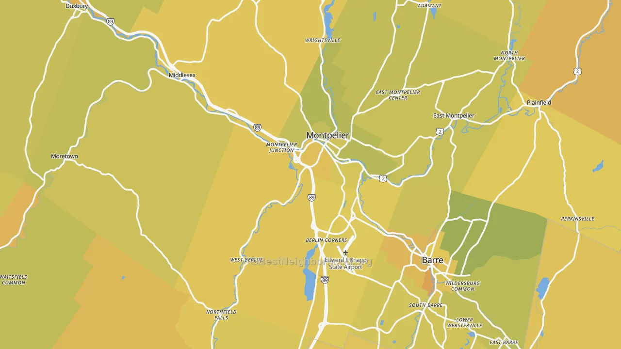 Map of the best neighborhoods in the Washington County area, with better matches in green and worse matches in red