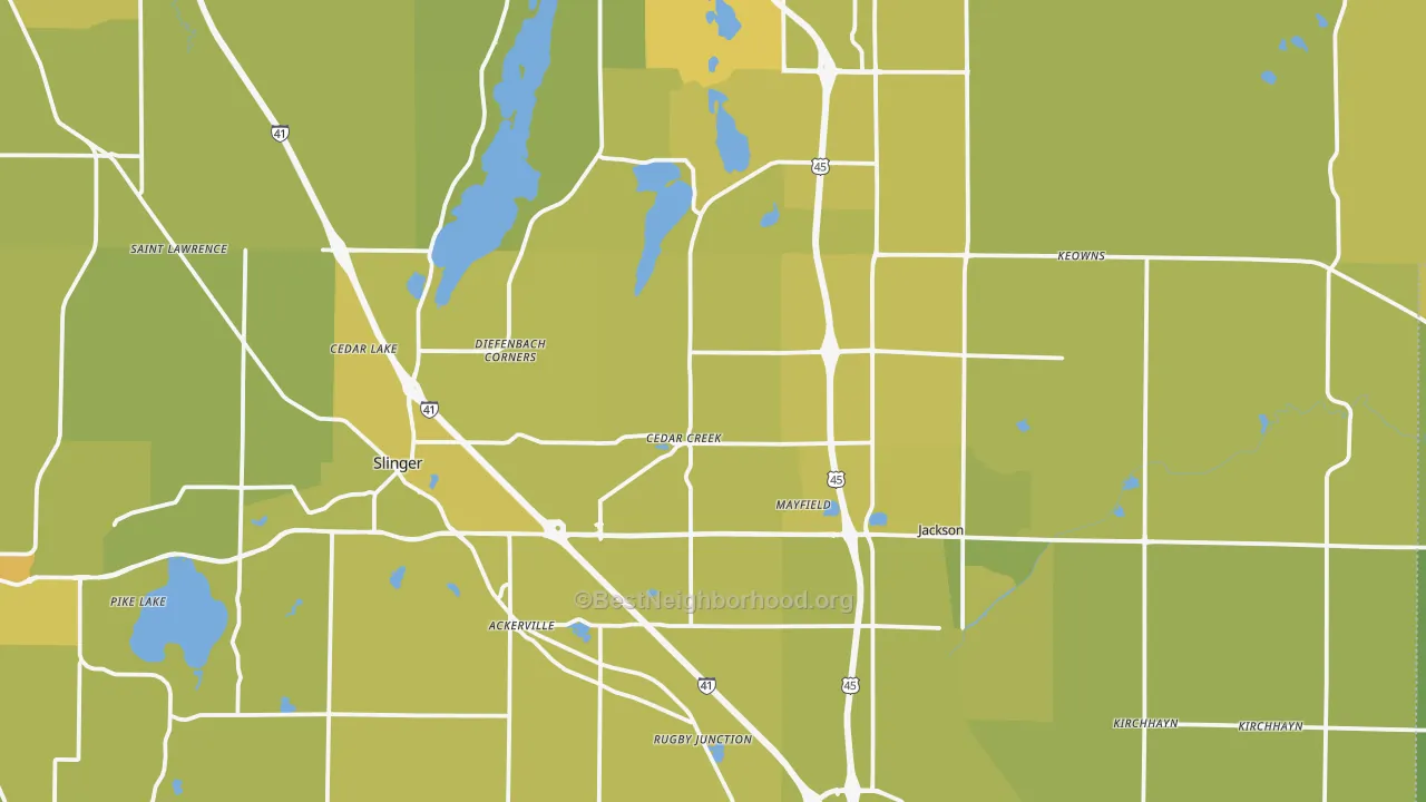 Map of the best neighborhoods in the Washington County area, with better matches in green and worse matches in red