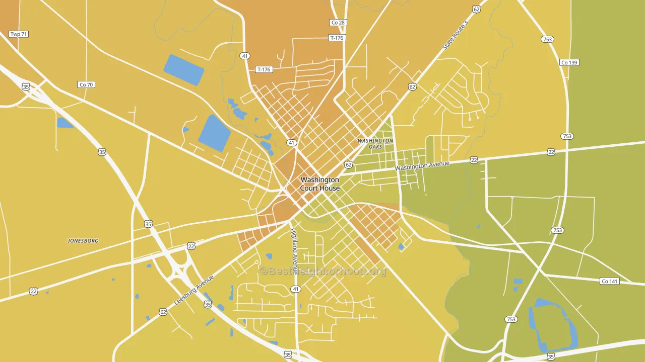 Map of the best neighborhoods in the Washington Court House Historic District area, with better matches in green and worse matches in red
