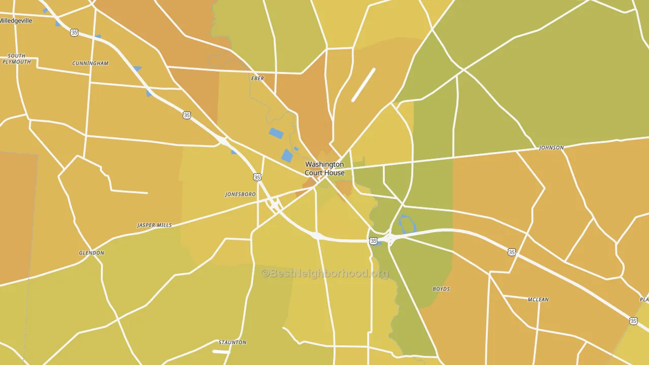 Map of the best neighborhoods in the Washington Court House area, with better matches in green and worse matches in red