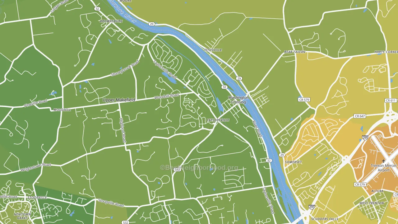Map of the best neighborhoods in the Washington Crossing area, with better matches in green and worse matches in red