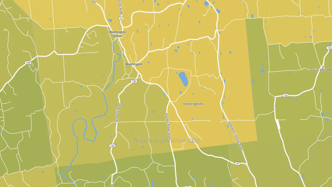 Map of the best neighborhoods in the Washington area, with better matches in green and worse matches in red