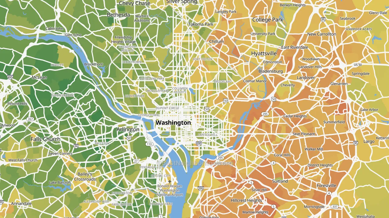 Map of the best neighborhoods in the Washington Metro area, with better matches in green and worse matches in red