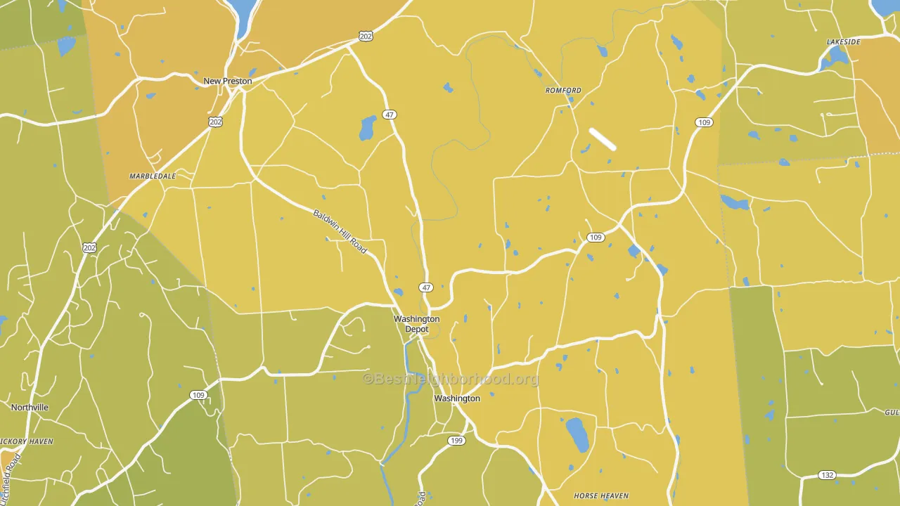 Map of the best neighborhoods in the Washington Depot area, with better matches in green and worse matches in red
