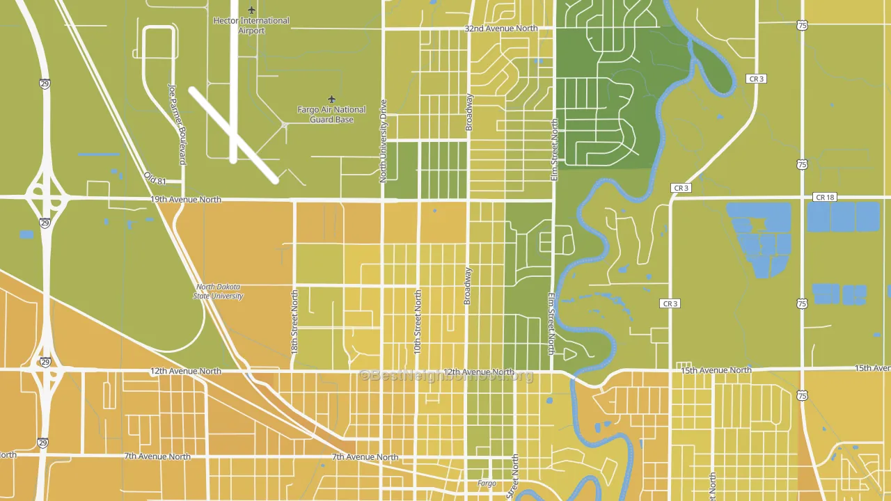 Map of the best neighborhoods in the Washington, Fargo area, with better matches in green and worse matches in red