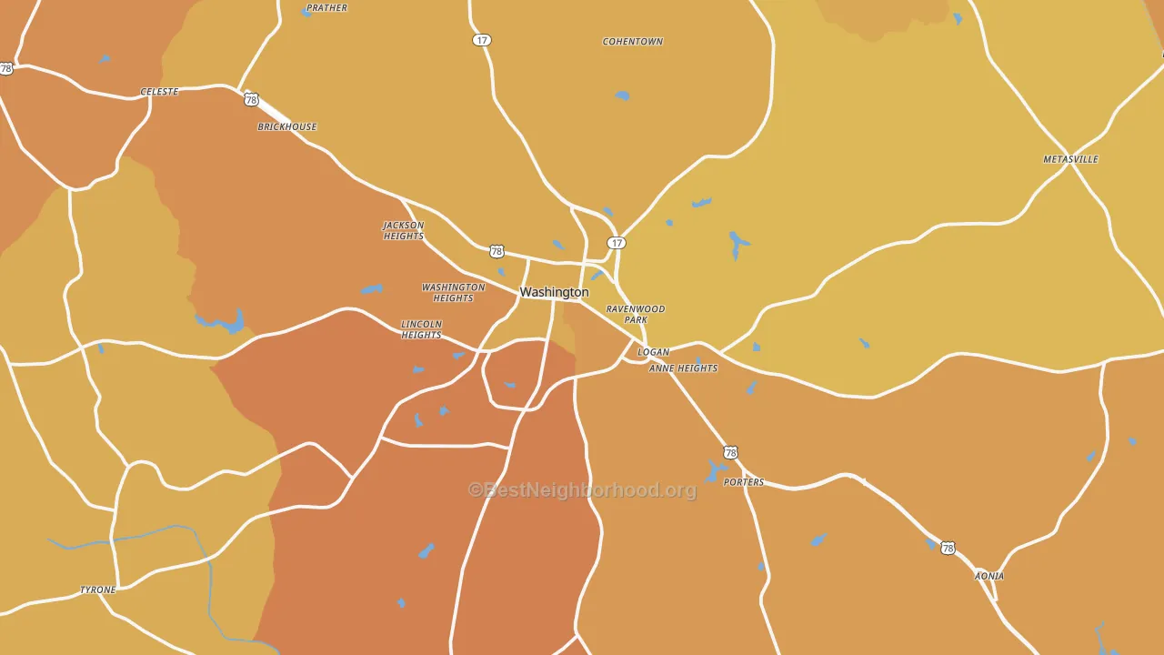 Map of the best neighborhoods in the Washington area, with better matches in green and worse matches in red