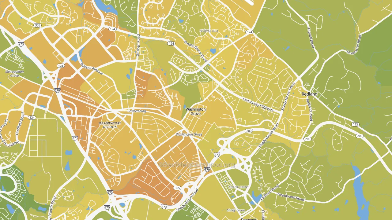 Map of the best neighborhoods in the Washington Grove area, with better matches in green and worse matches in red