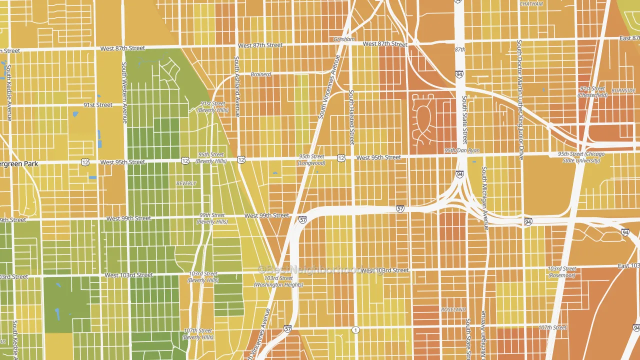 Map of the best neighborhoods in the Washington Heights, Chicago area, with better matches in green and worse matches in red