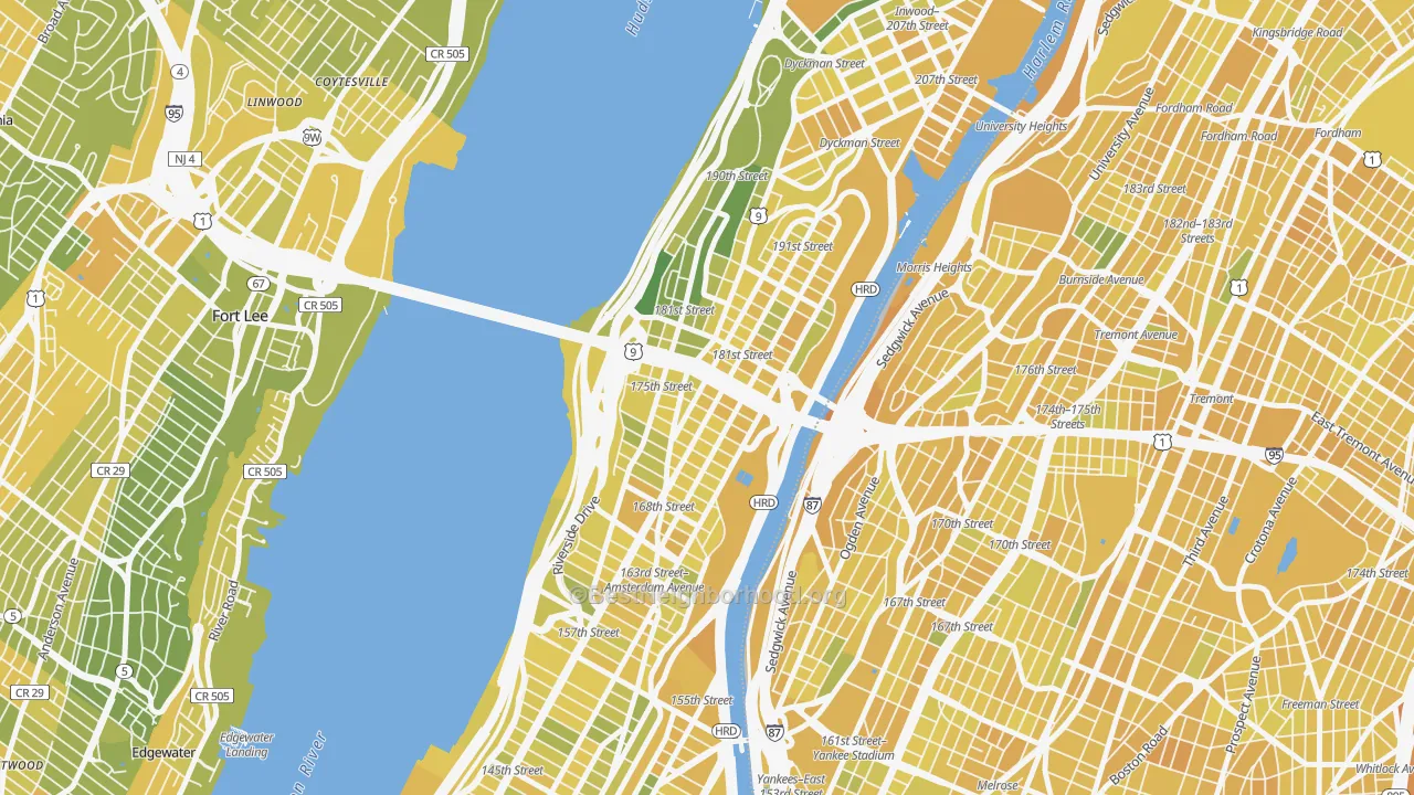 Map of the best neighborhoods in the Washington Heights, Manhattan area, with better matches in green and worse matches in red