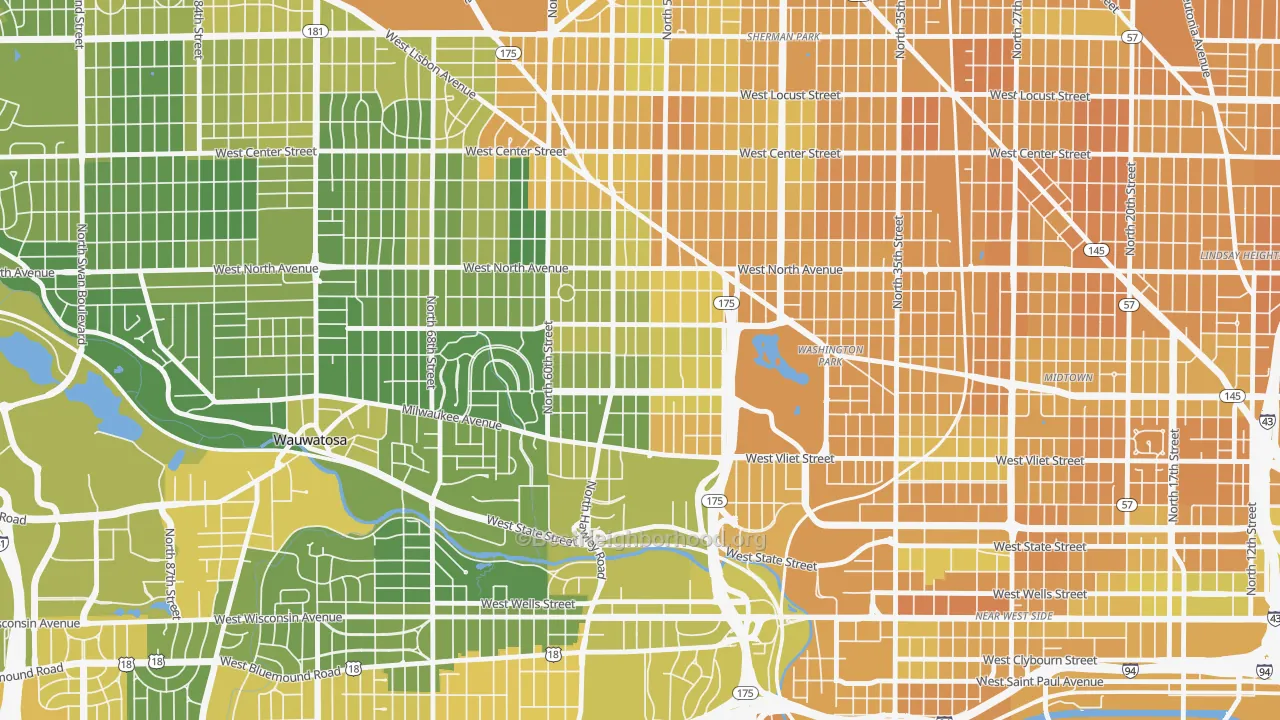 Map of the best neighborhoods in the Washington Heights, Milwaukee area, with better matches in green and worse matches in red