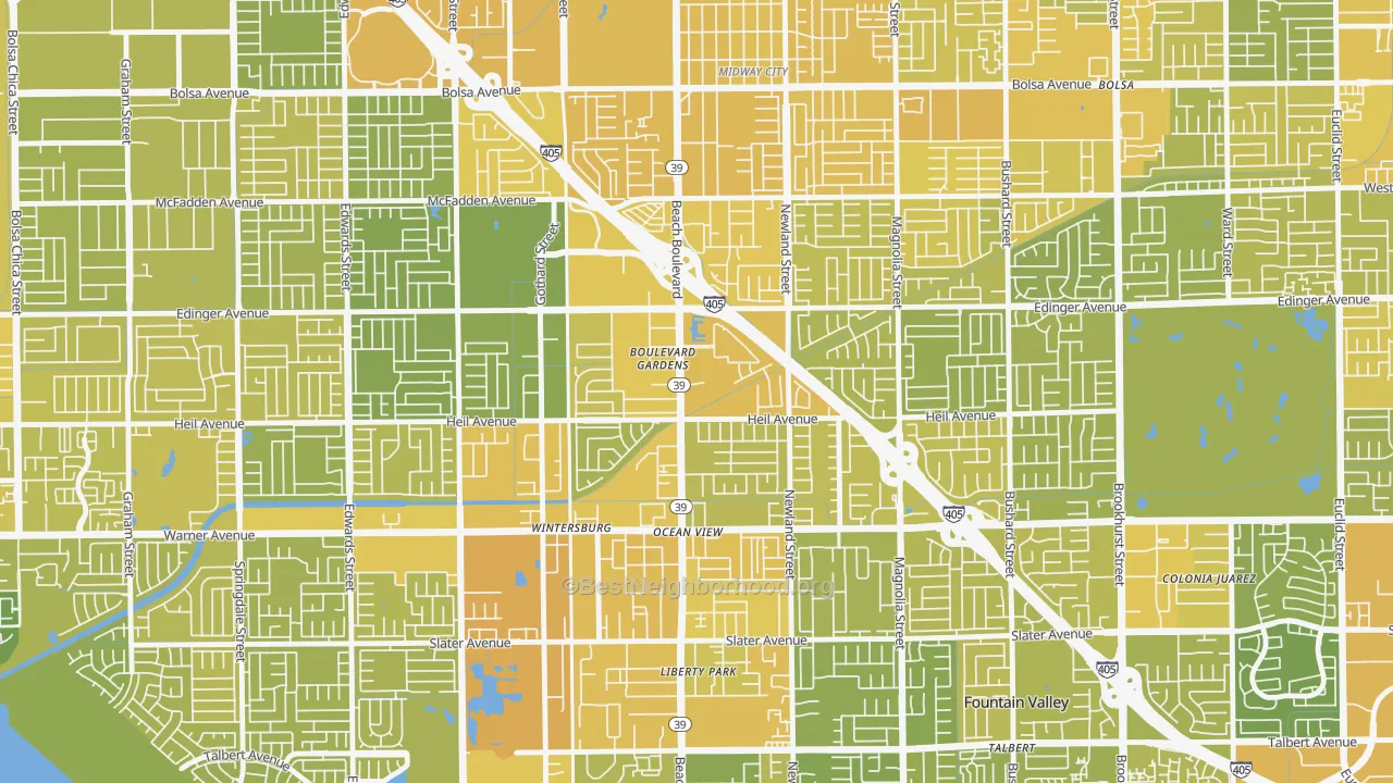 Map of the best neighborhoods in the Washington, Huntington Beach area, with better matches in green and worse matches in red