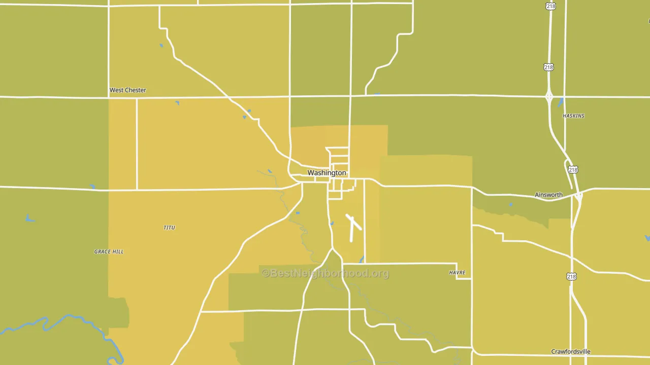 Map of the best neighborhoods in the Washington area, with better matches in green and worse matches in red
