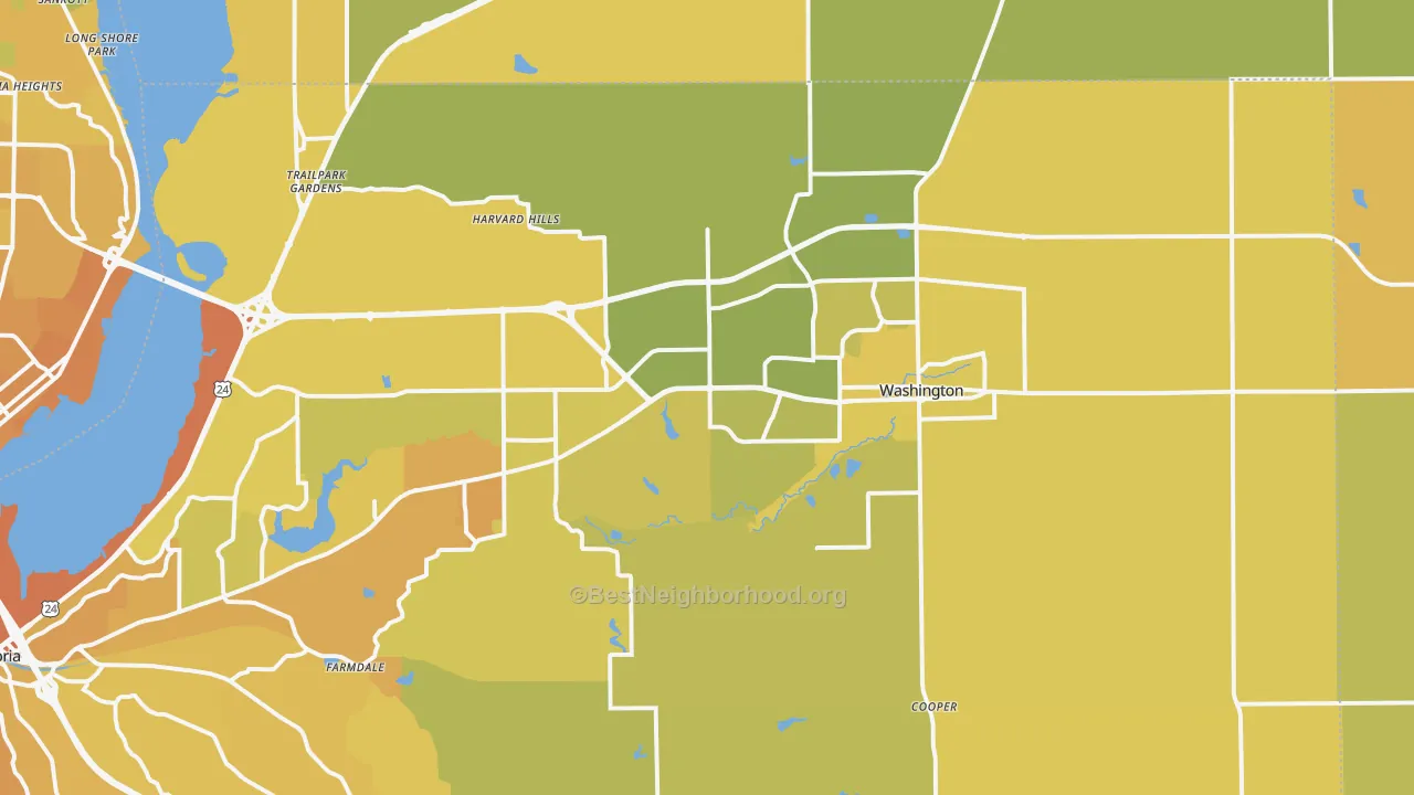 Map of the best neighborhoods in the Washington area, with better matches in green and worse matches in red