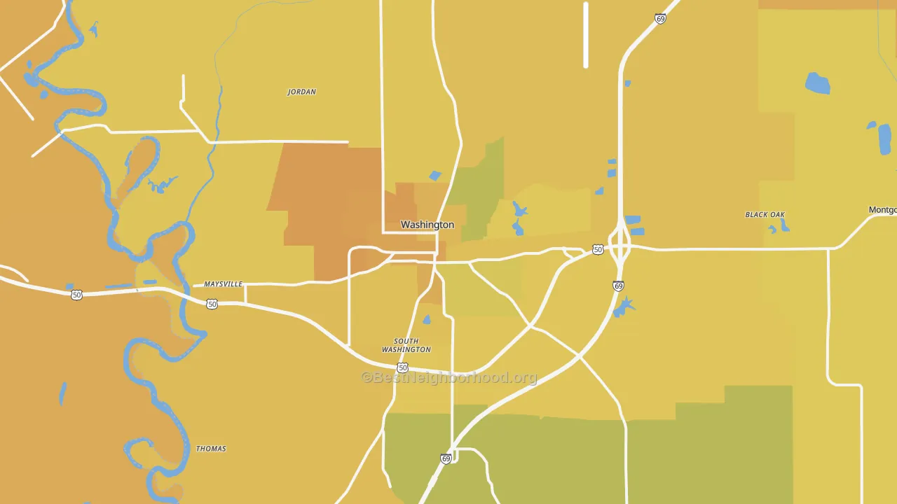 Map of the best neighborhoods in the Washington area, with better matches in green and worse matches in red