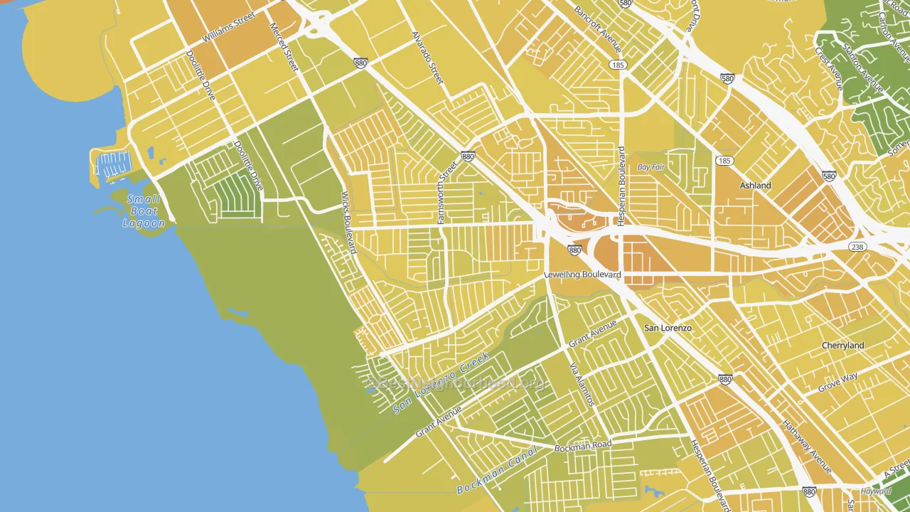 Map of the best neighborhoods in the Washington Manor-Bonaire, San Leandro area, with better matches in green and worse matches in red